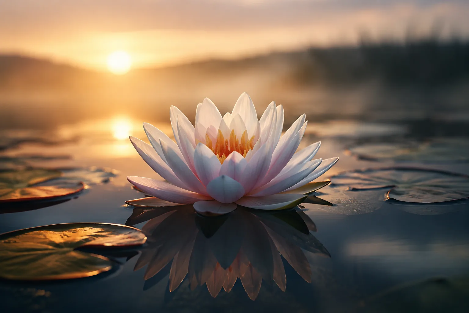 A pink water lily blooming on still water at sunrise